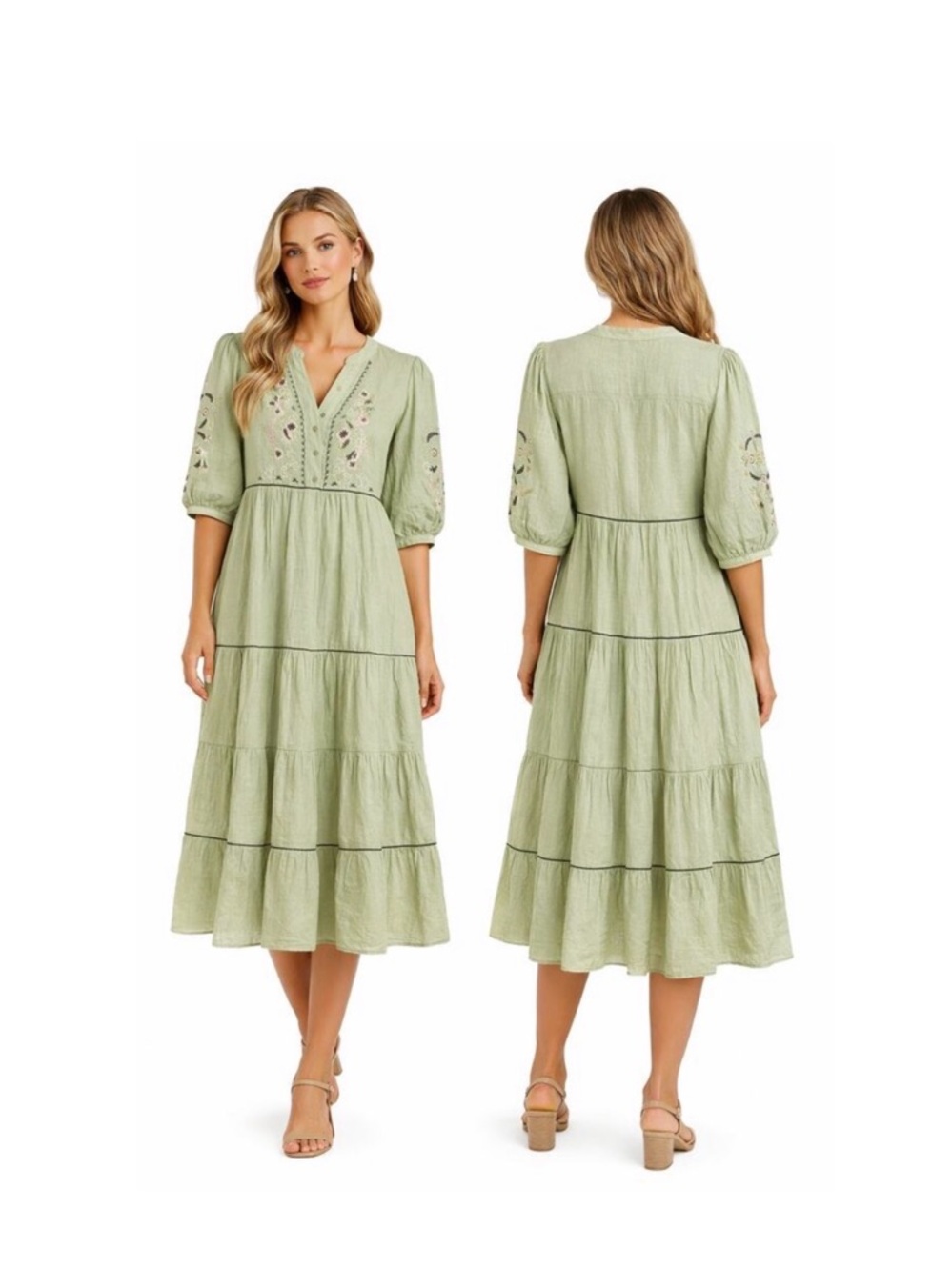 Fig and Flower Sage Green Embroidered Cottagecore Boho Prairie Dress Size L